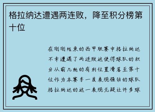 格拉纳达遭遇两连败，降至积分榜第十位